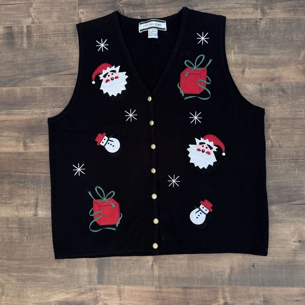 Vintage Crystal-Kobe Womens Sz L Santa Snowman Ugly Christmas Sweater Vest Black